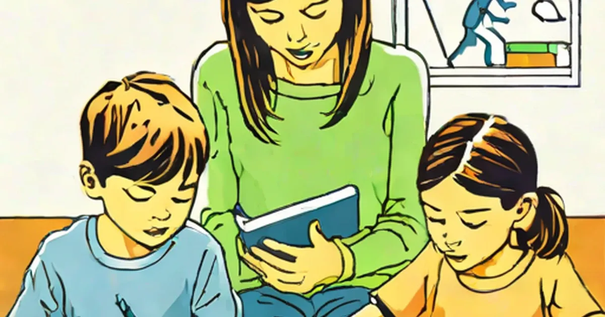 Woman and two children reading a book together