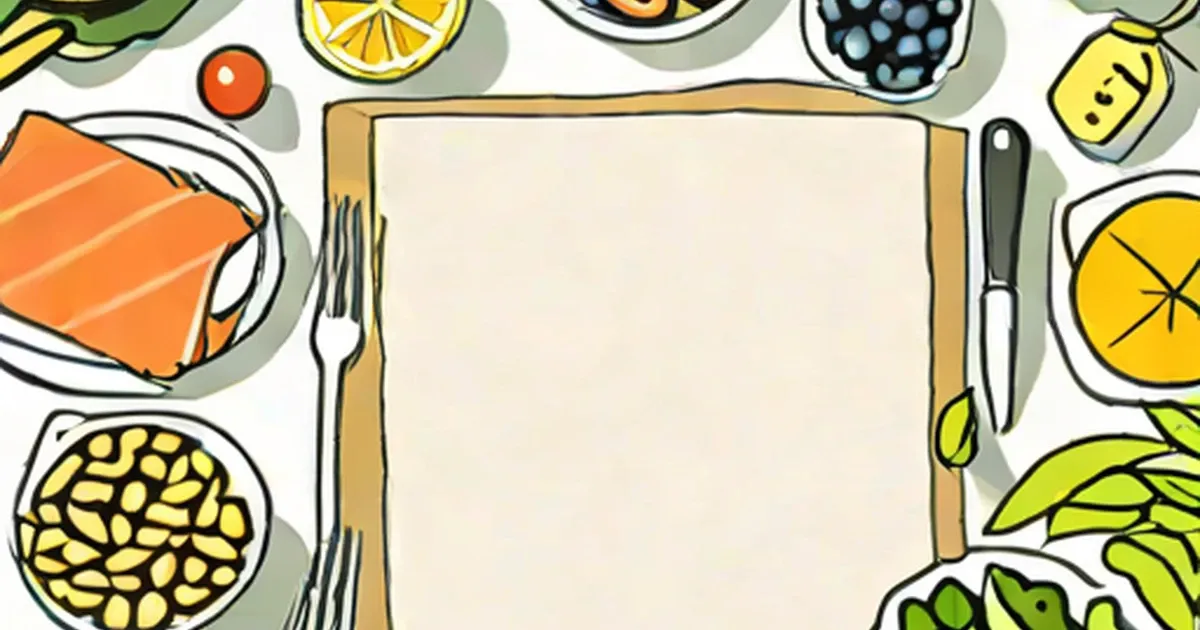 Salmon, nuts, legumes, citrus, and greens arranged around a blank center