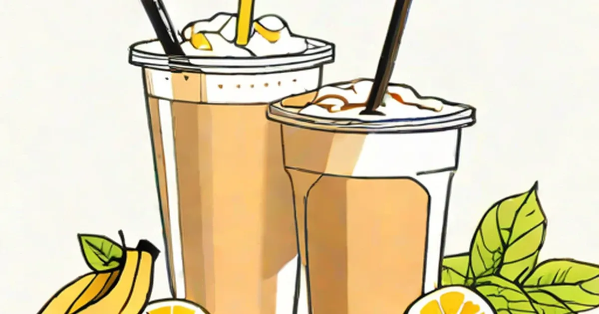 Two protein shakes in glasses, one topped with banana slices, one with granola