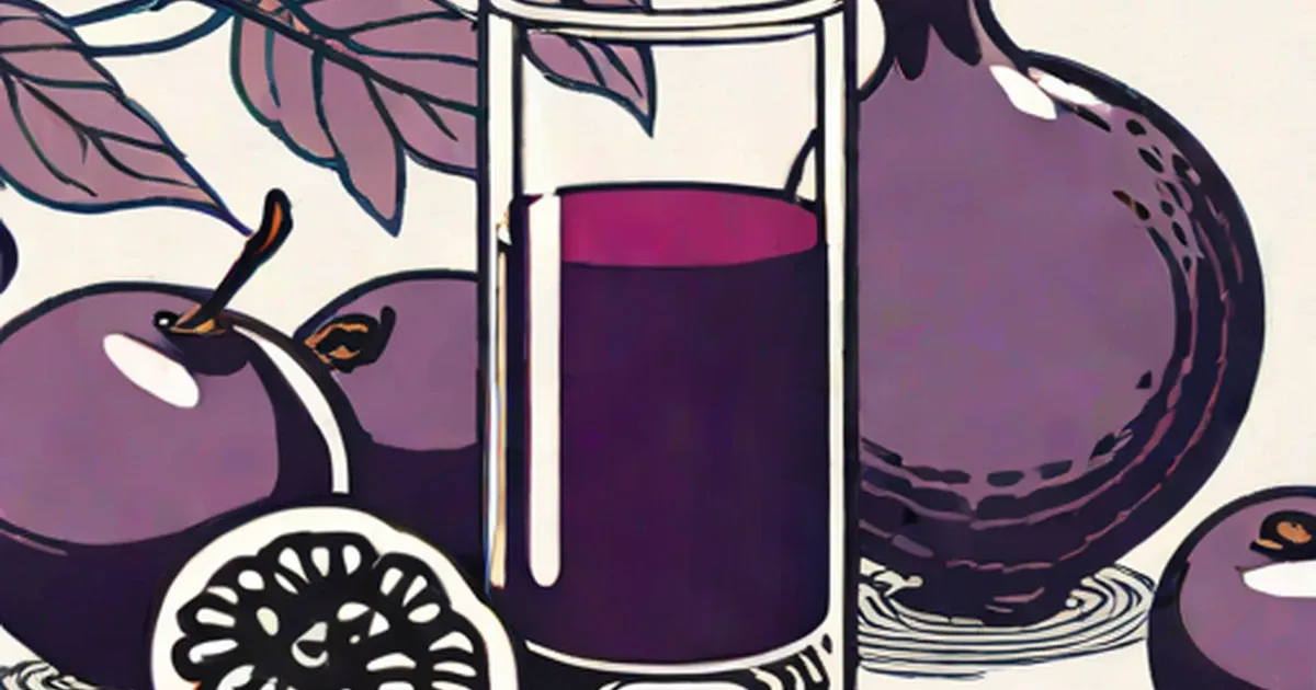 Glass of dark prune juice surrounded by illustrated prunes