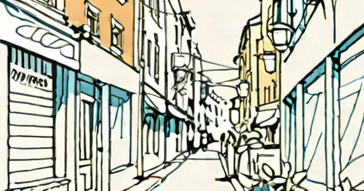 Illustrated city alley with buildings and street lamps