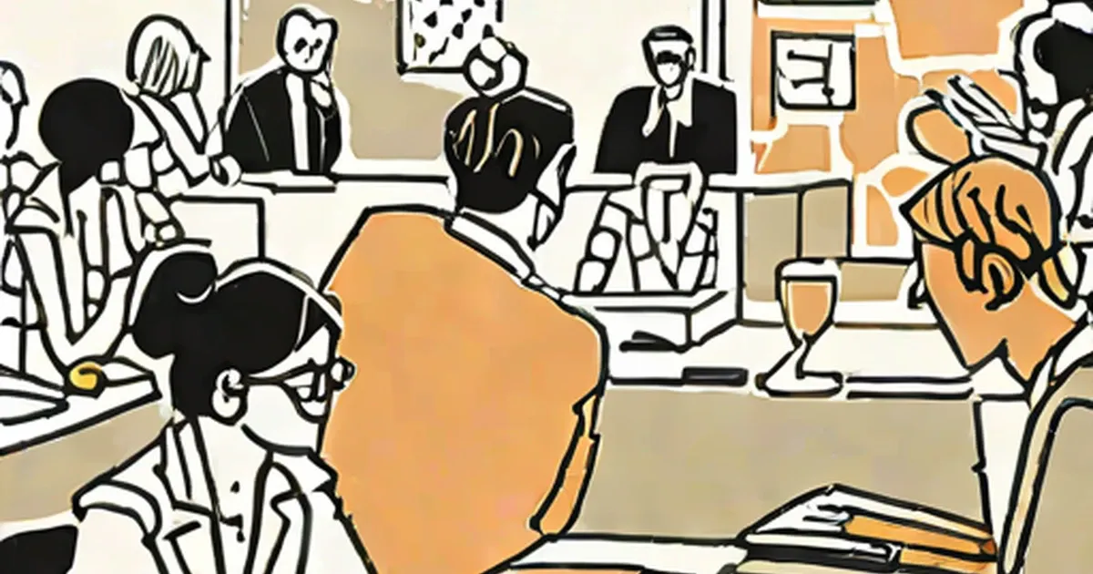 Conference table with multiple businesspeople, some highlighted in orange