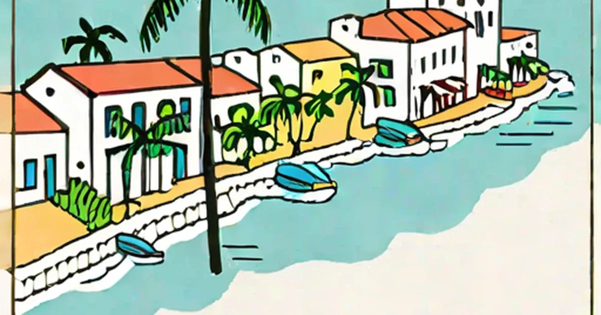 Tropical coastal town illustrated with white buildings, palm trees, and boats on sandy beach