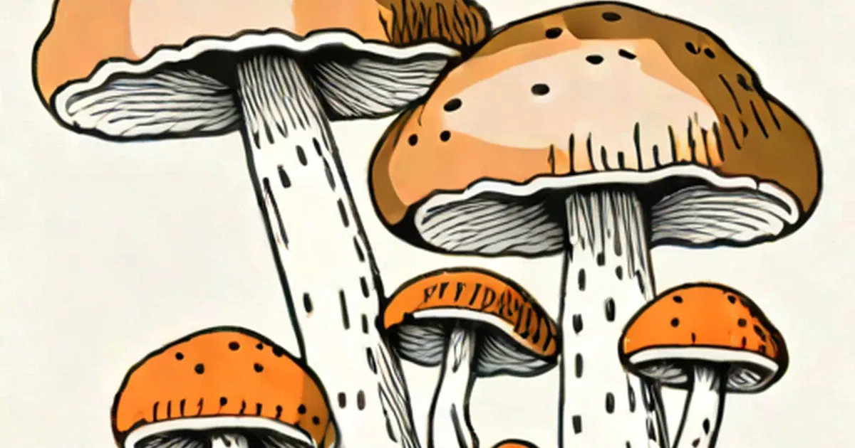 Illustrated puffball mushrooms with orange caps and pale stems