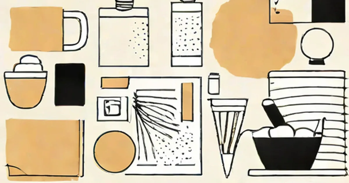Minimalist line illustrations of kitchen and household items in gold and black