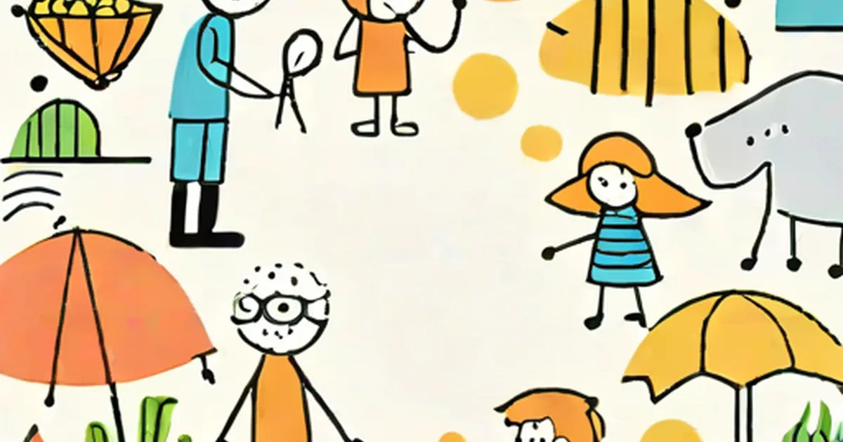 Whimsical cartoon drawing of children, colorful umbrellas, a bee, and playful animals