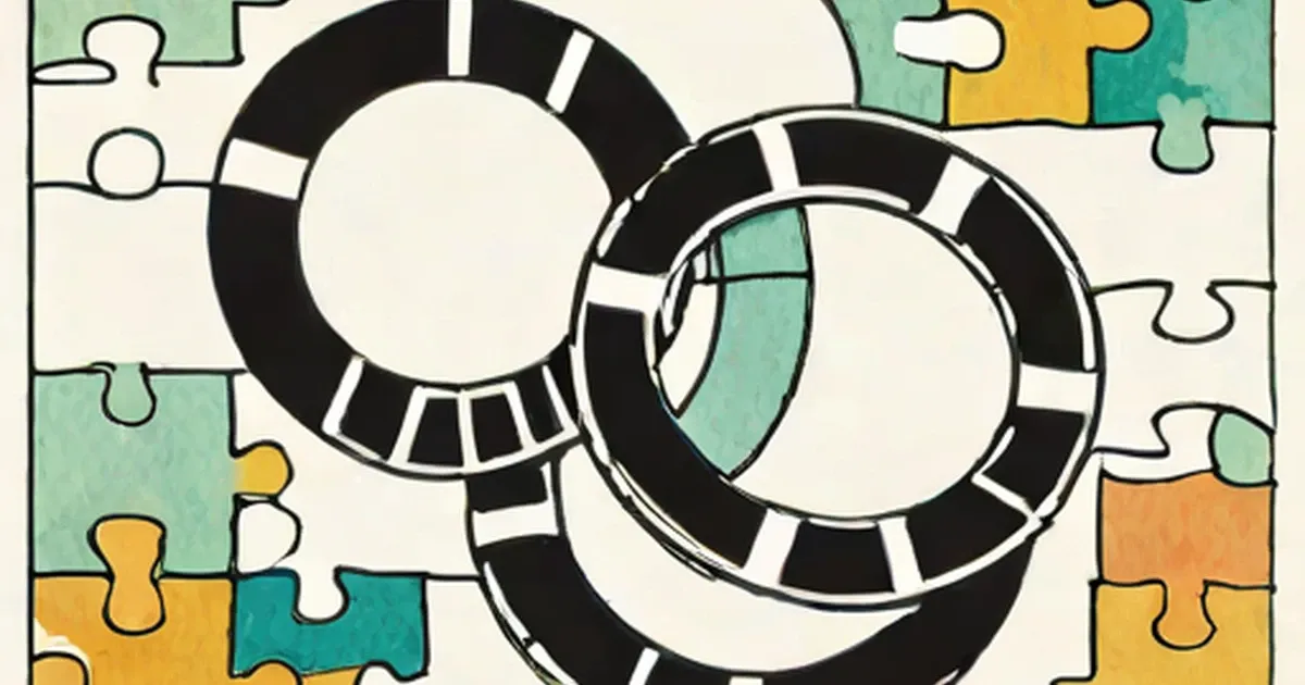 Two interlocking puzzle rings with black and white segments over colorful puzzle pieces