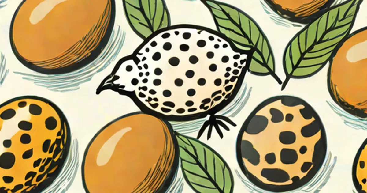 Illustrated quail eggs in brown and spotted patterns with green leaves and a quail bird