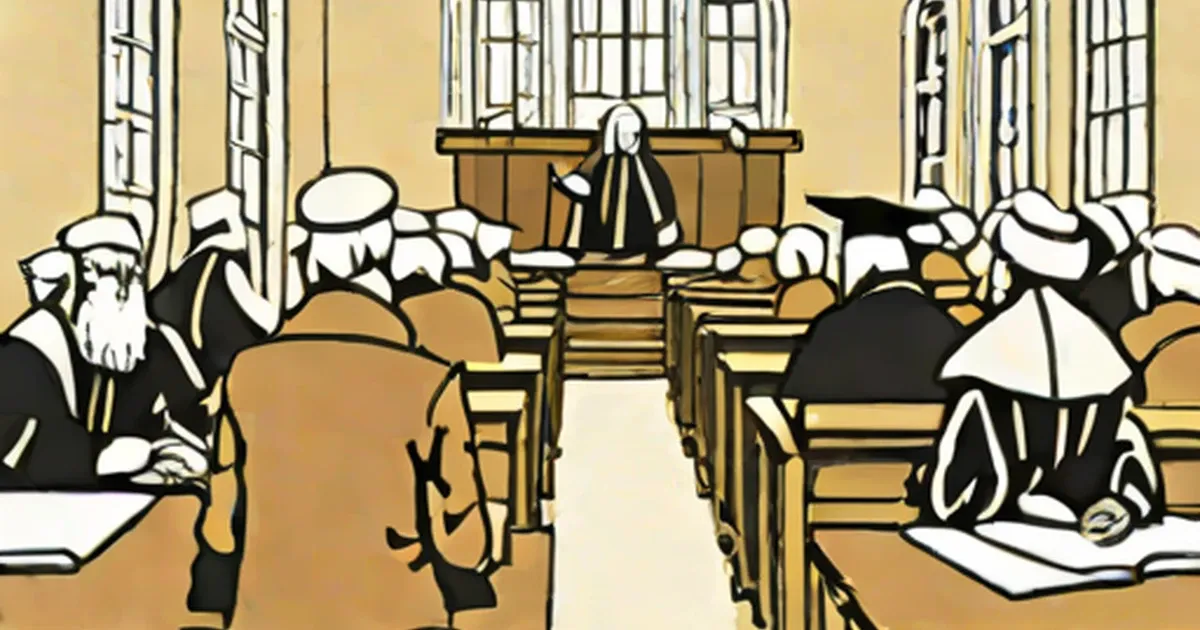 Illustration of Quakers in plain dress gathered in a wooden meeting house for worship
