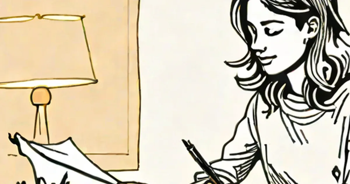 A young woman writing or taking notes by a bedside lamp