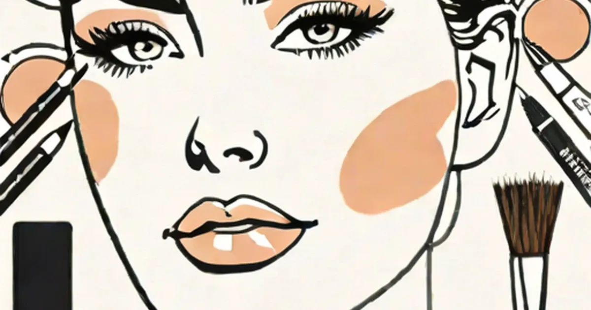 Stylized face illustration with makeup brushes and cosmetic swatches