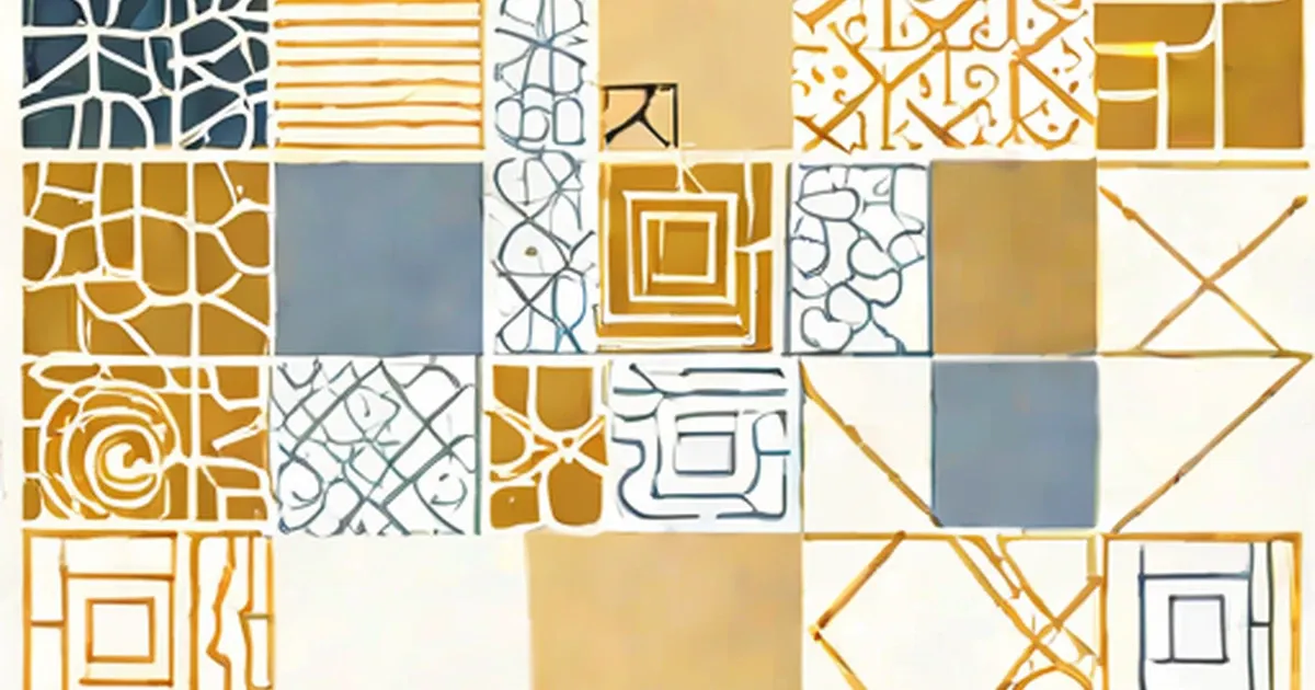 Collection of quilt block patterns in gold, navy and cream colors