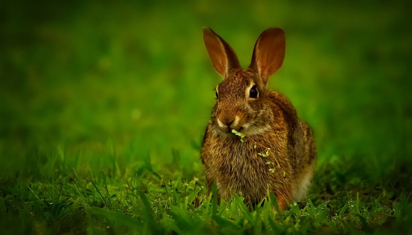 A wild rabbit eating grass in a meadow