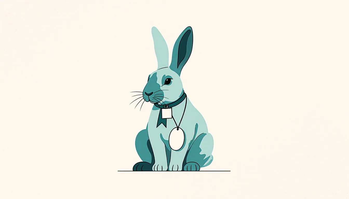 Illustrated pet rabbit wearing a small blank name tag on a ribbon collar