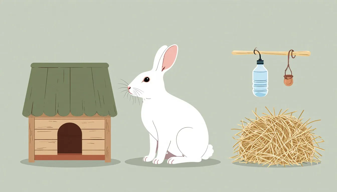 Illustrated pet rabbit beside a hutch, hay, and water bottle, representing rabbit care for families