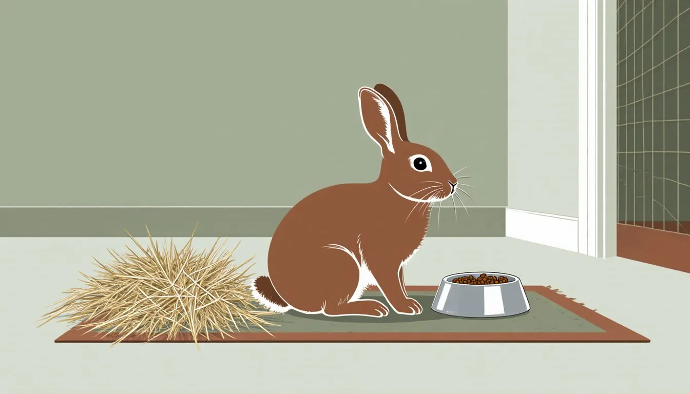 An alert house rabbit sits on a living room floor beside a pile of fresh hay, free of any cage