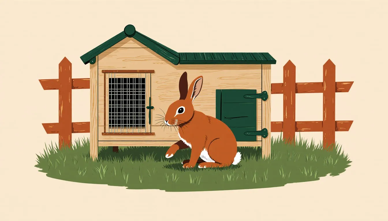 A pet rabbit sitting beside its outdoor wooden hutch in a garden