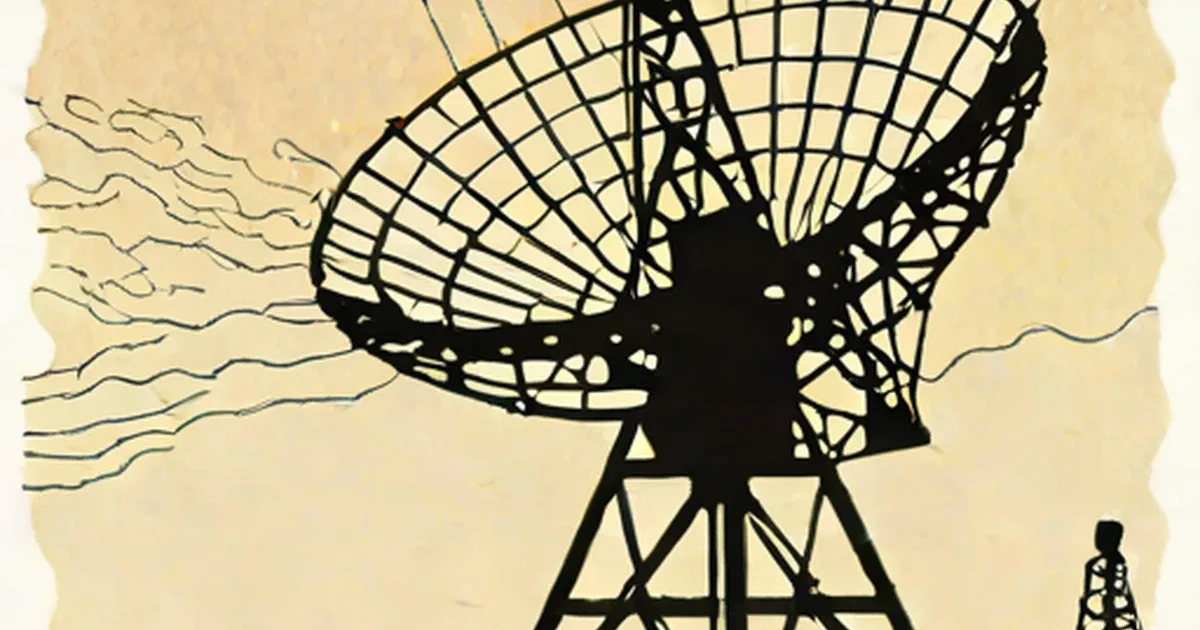 Large parabolic dish on a metal tower frame rendered as black silhouette