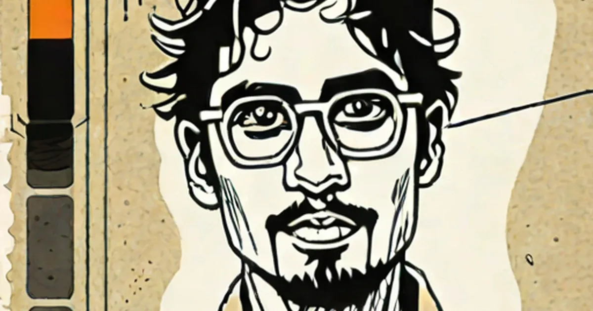 Line drawing of a man with curly hair, round glasses, and beard