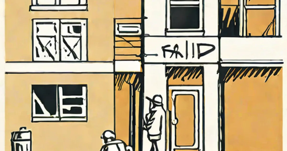 Illustration of a street with buildings, one marked RAID, and pedestrians