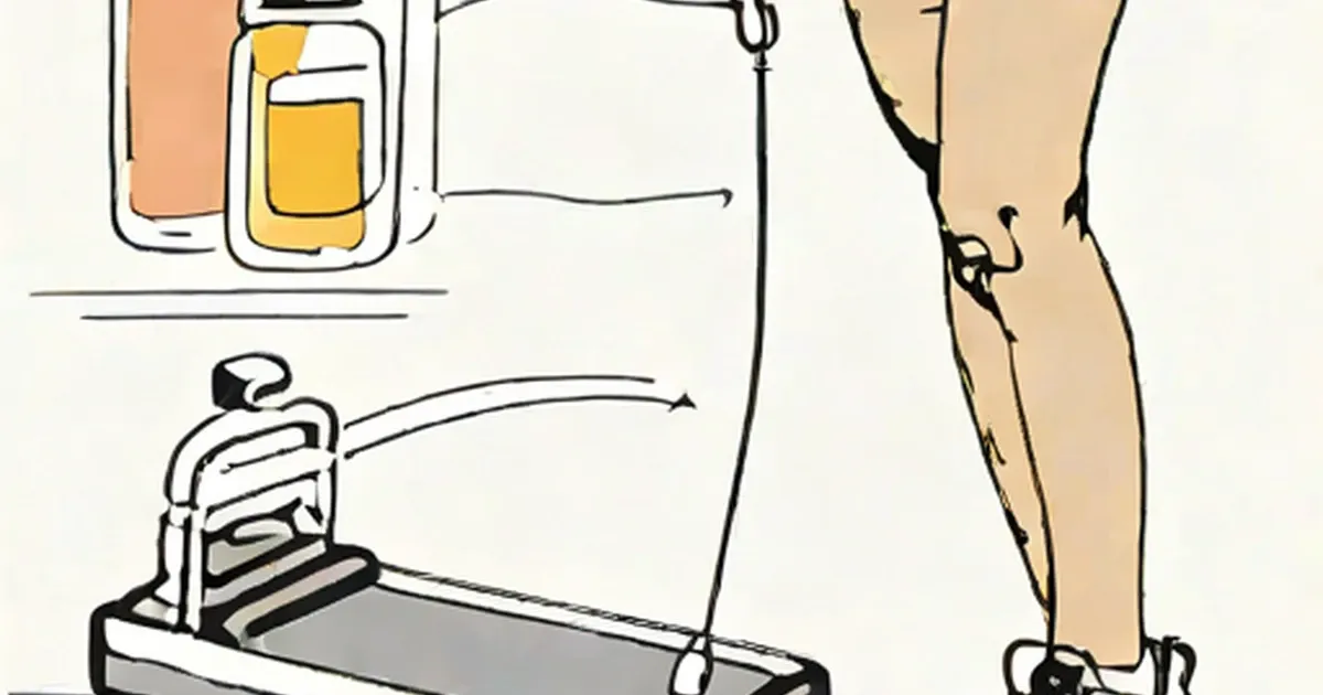 Treadmill, glasses of drinks, and athletic legs in fitness shoes