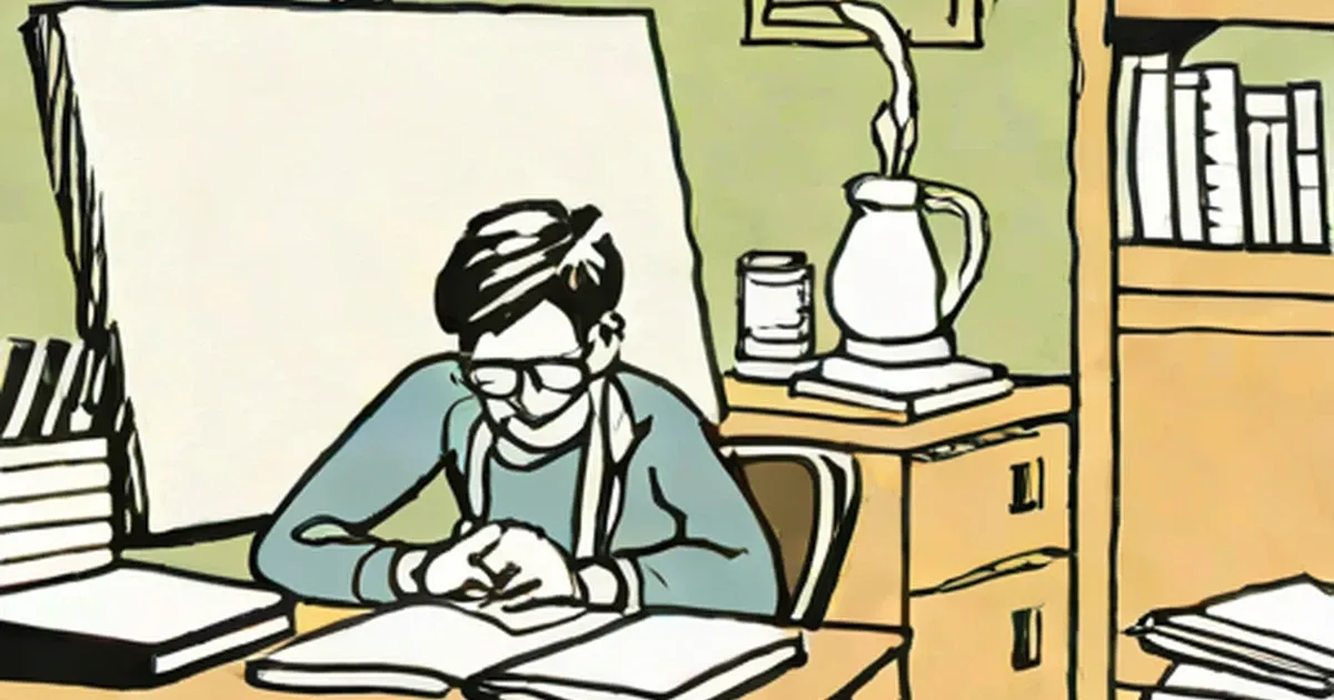 Person reading a book at a desk surrounded by books