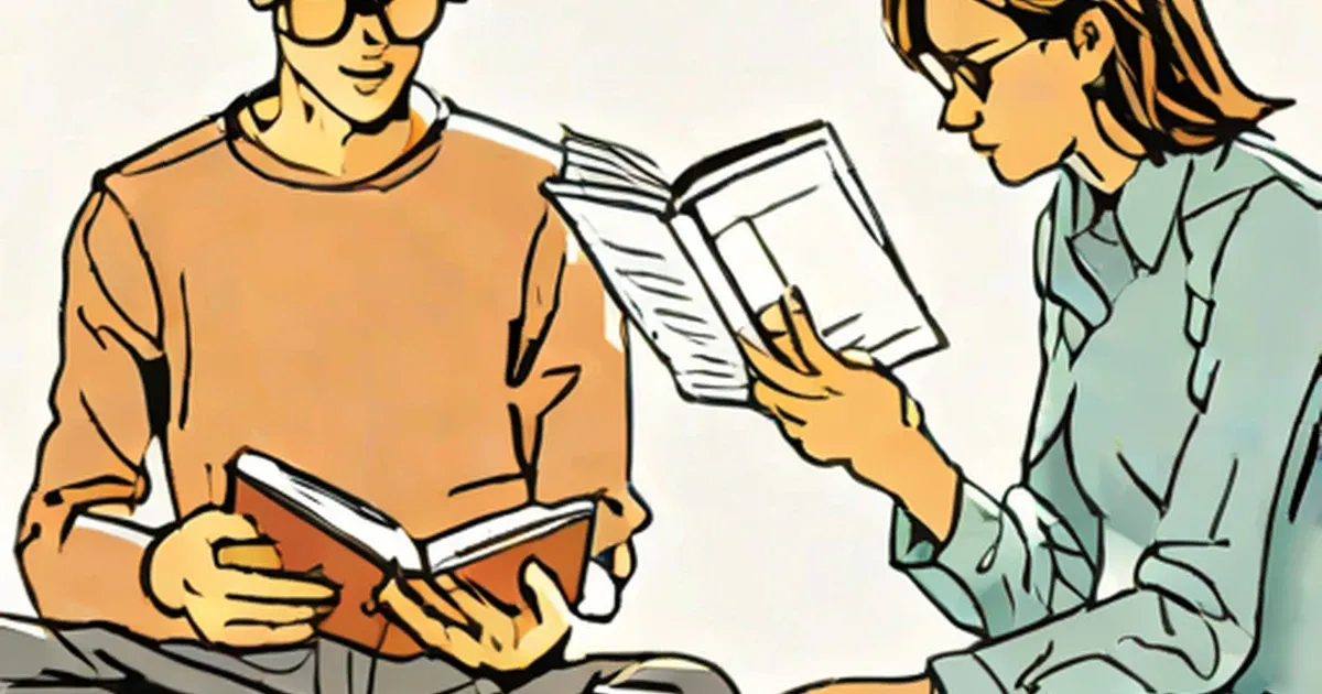 Two people engaged in conversation while holding books