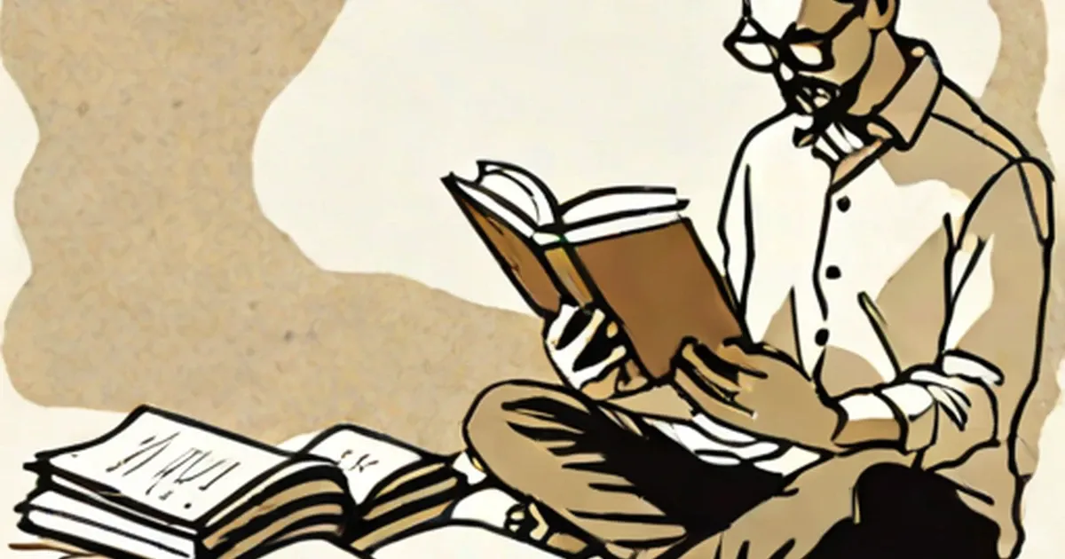 Person in glasses reading from a brown book with stacks of books on the floor nearby