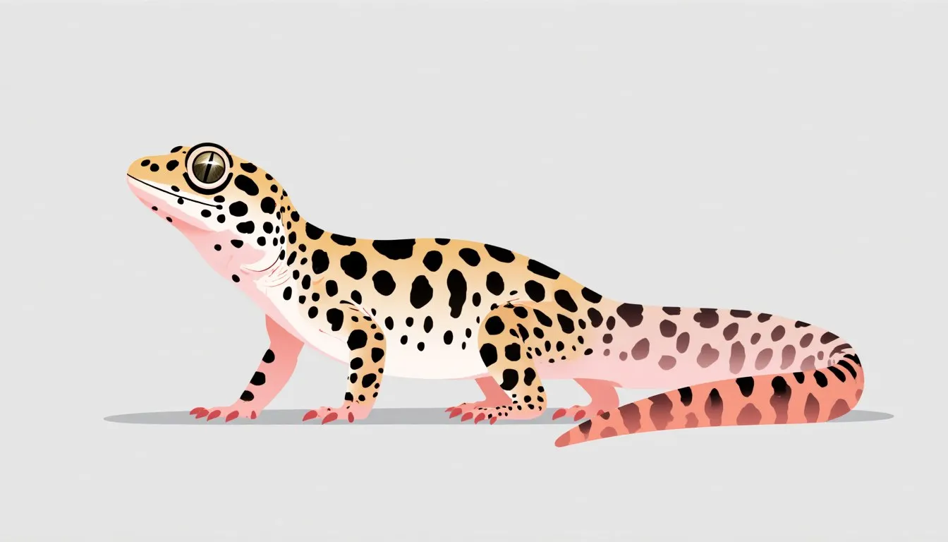 Illustration of a spotted leopard gecko with a plump curled tail and visible eyelids