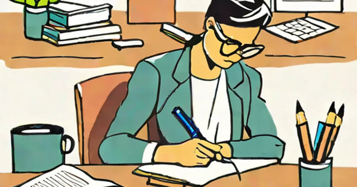 Person writing at a desk with stacked books, coffee mug, and pencils