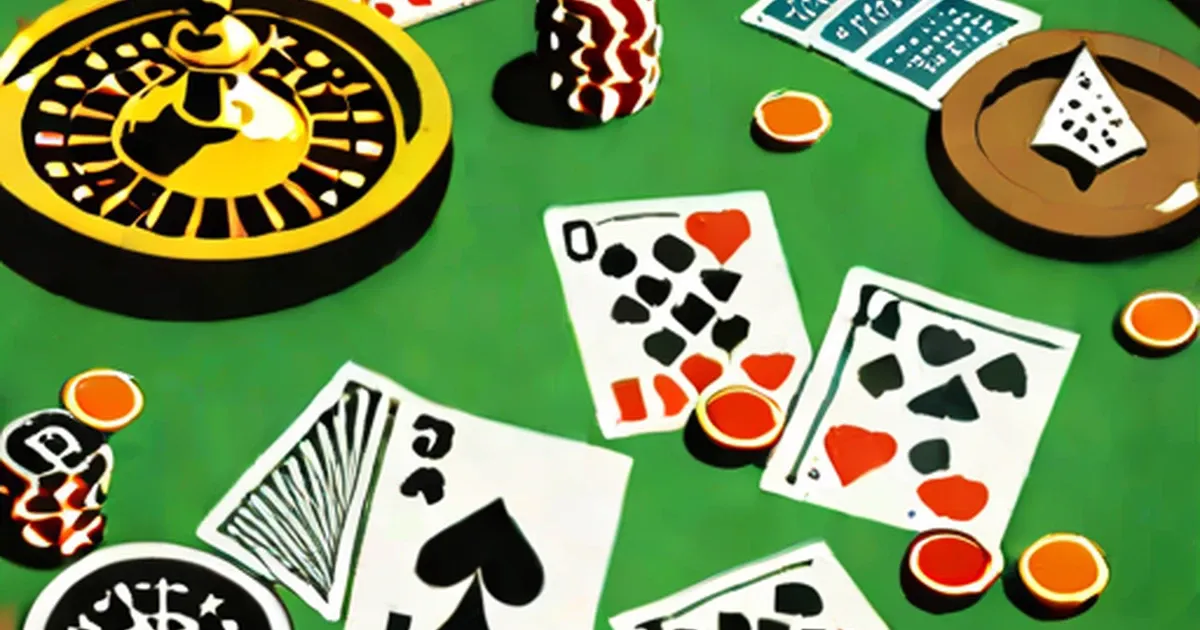 Roulette wheel, playing cards, casino chips, and dice arranged on green felt