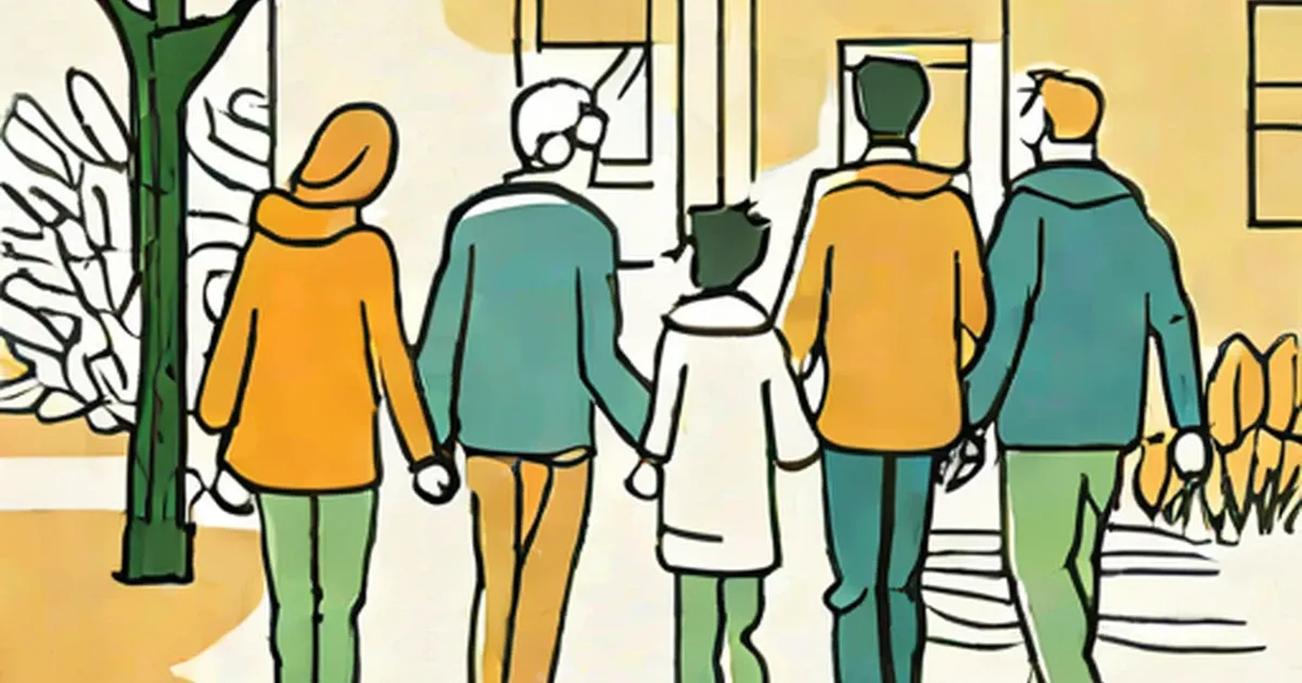 A group of adults and a child standing close together on a residential street