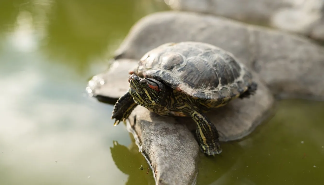 A pond slider turtle basking on a rock