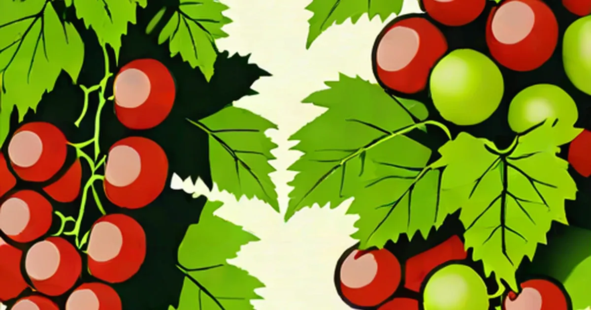 Red and green grape clusters with leaves