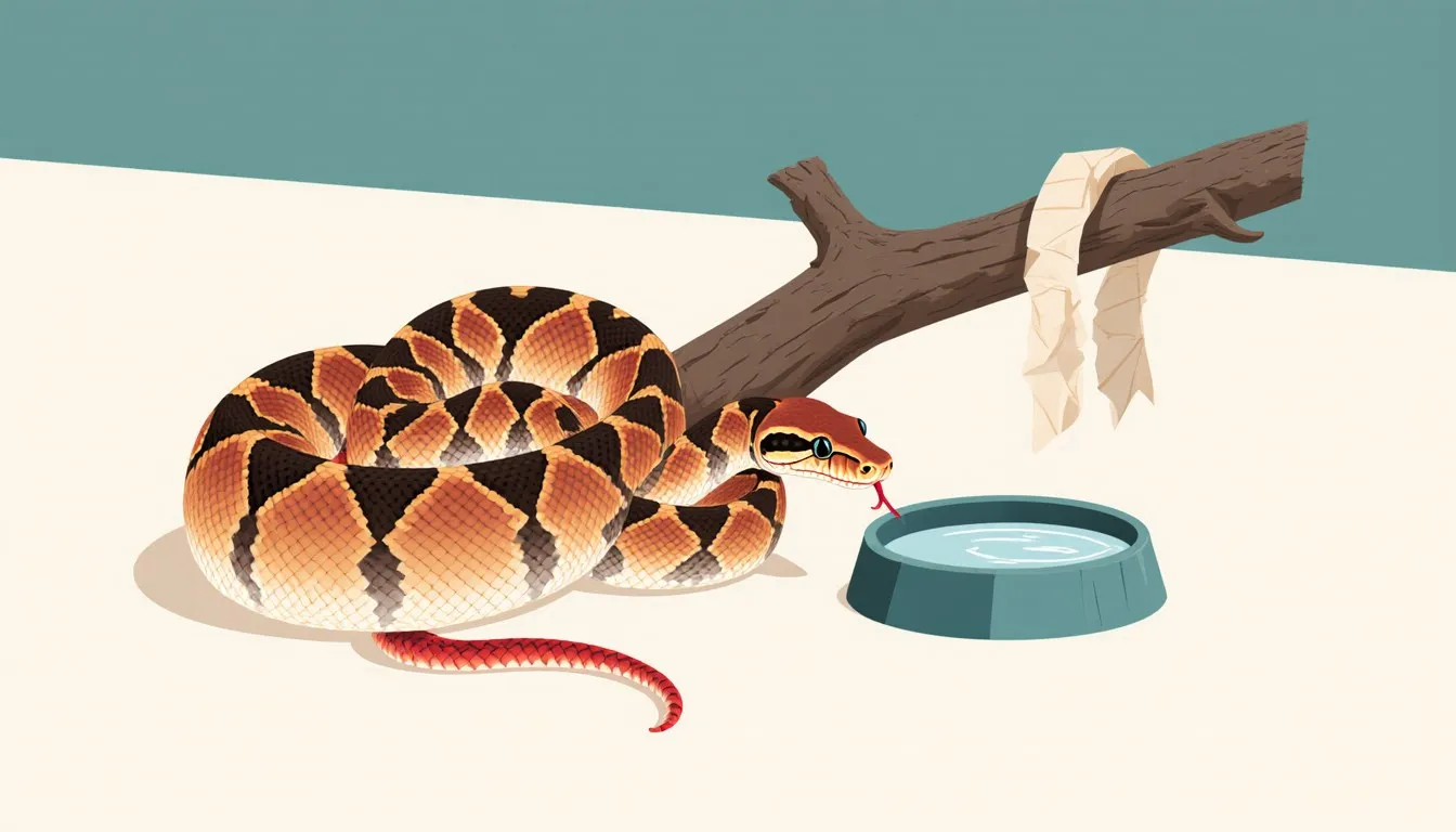 A red-tailed boa constrictor coiled on a branch beside its shed skin and a water dish