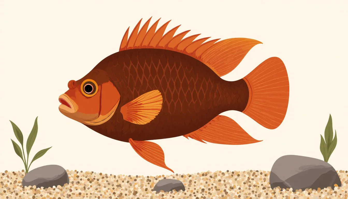 A large red terror cichlid with a humped brow hovers over gravel and sand in its aquarium setup