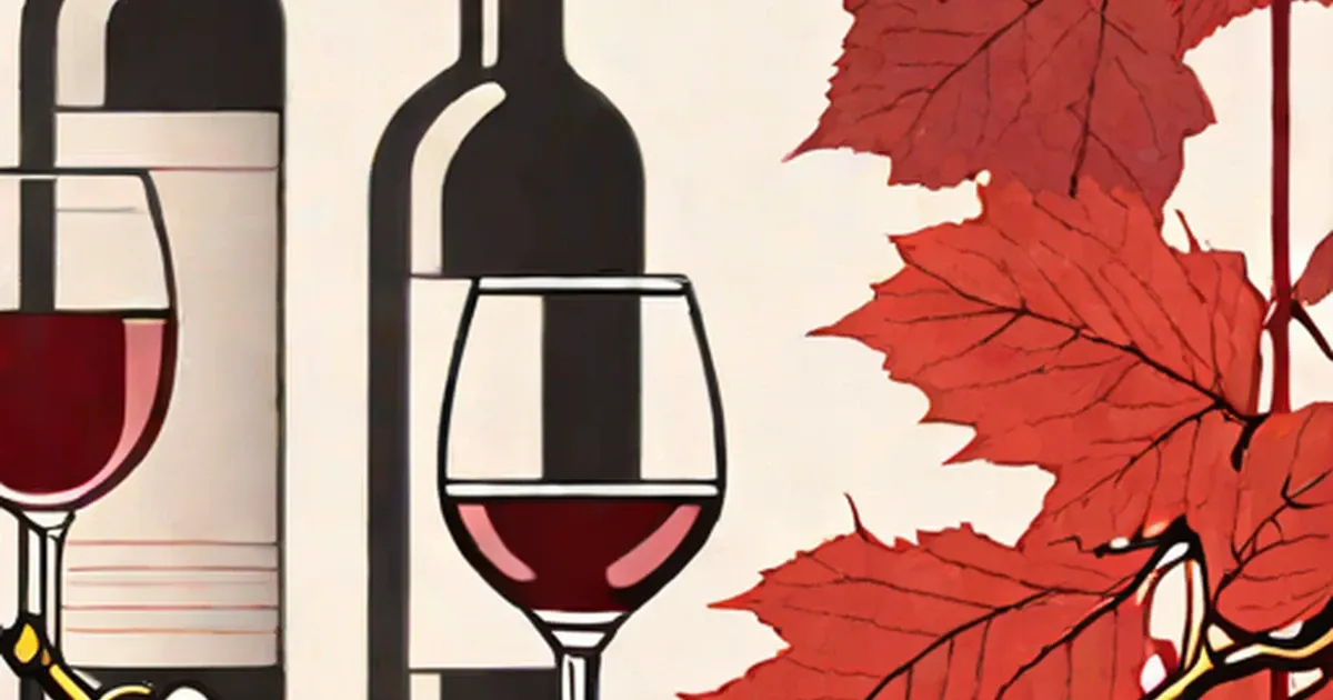 Two glasses of red wine, a dark bottle, and red grape leaves