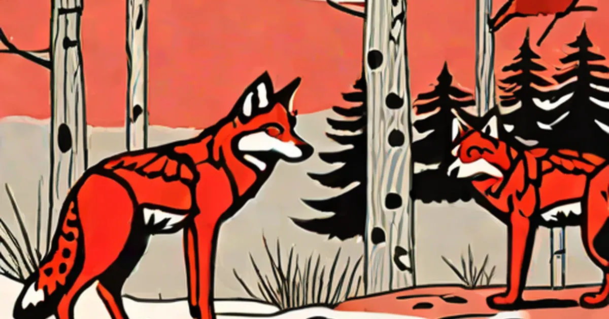 Stylized red wolves standing among birch and conifer trees