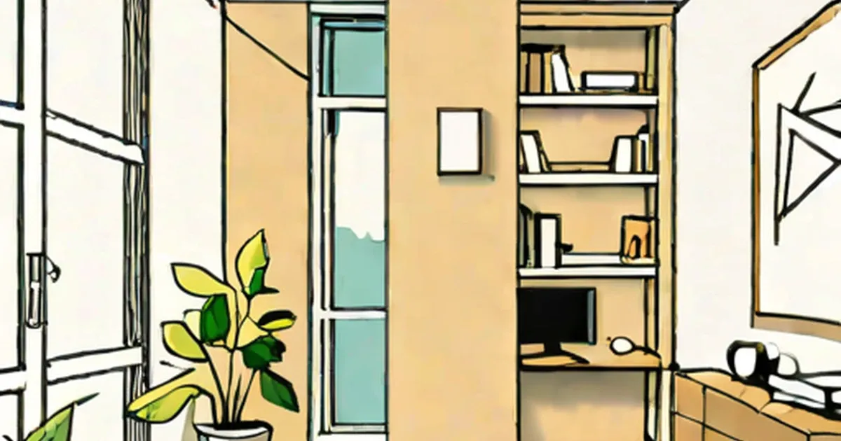 Furnished apartment interior with desk, shelves, houseplant, and window