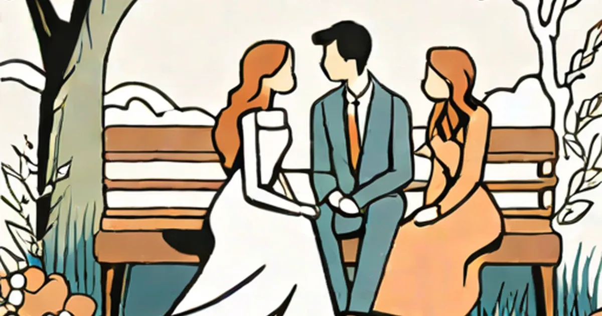 Man in blue suit sitting on park bench between two red-haired women