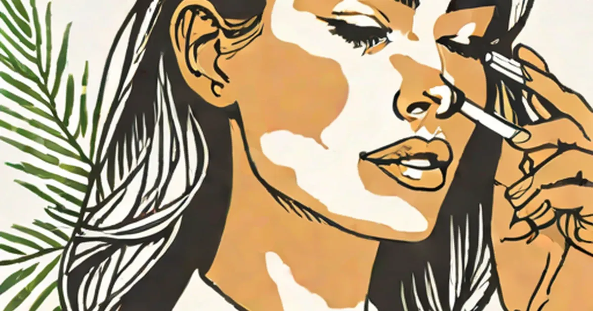 Illustrated woman examining her skin beside a green palm frond