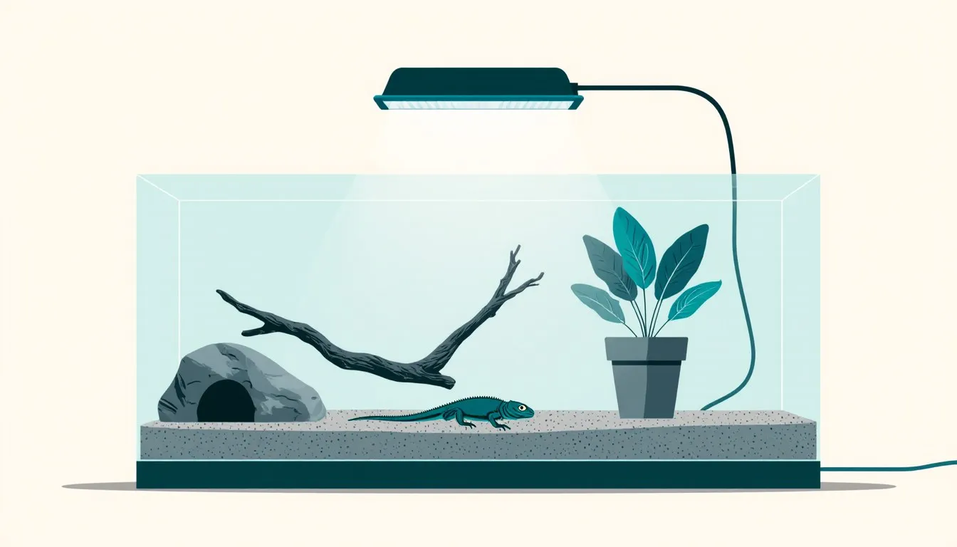 Illustration of a reptile terrarium with substrate, a rock hide, a branch, a plant, and a heat lamp above a resting lizard
