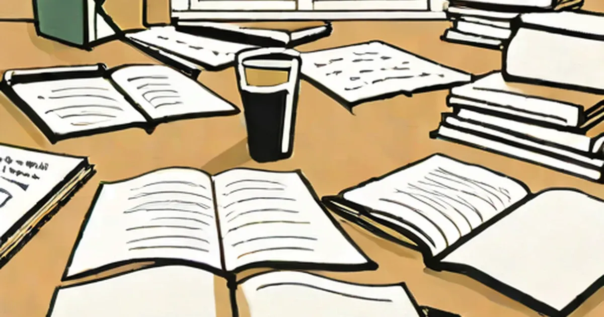 Open books and papers on a study desk with a coffee cup