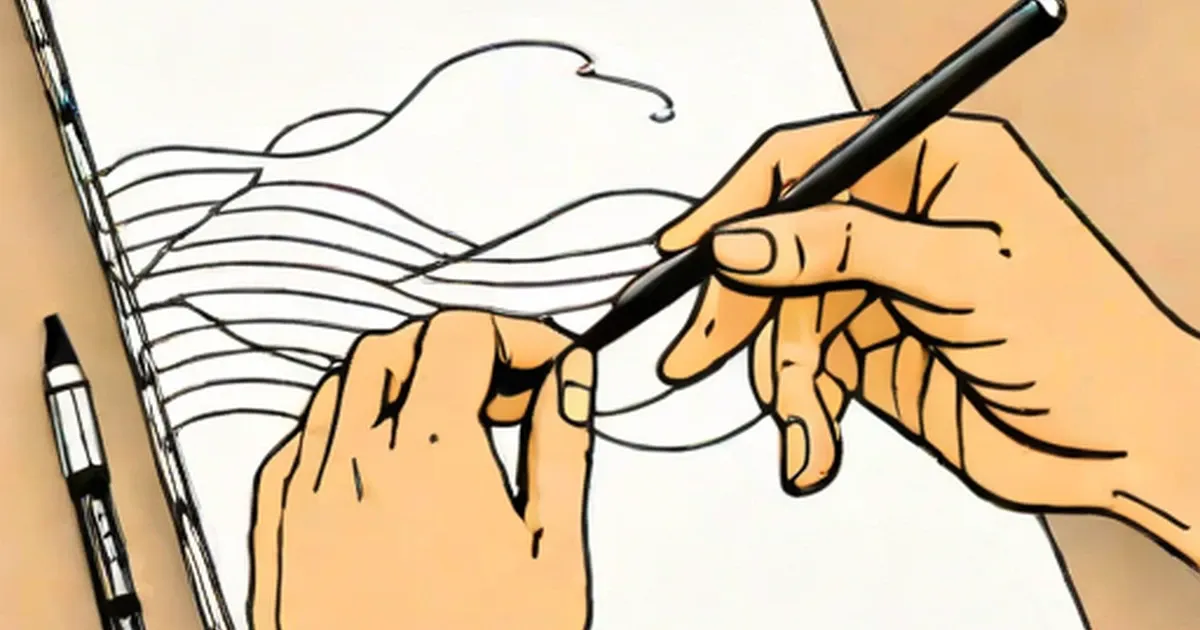 Two hands using a stylus and finger on a touch screen with visible layers