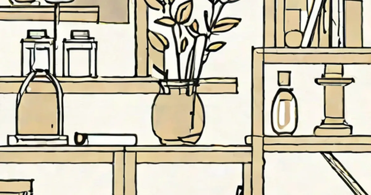 Paint can, vase with greenery, and home accessories arranged on shelves