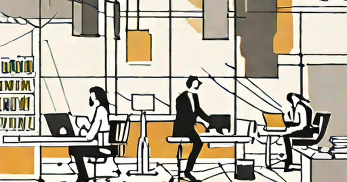 Office workers using laptops at desks in a busy workspace