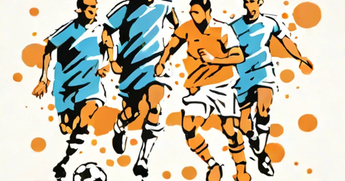 Soccer players in blue and orange uniforms in stylized action poses