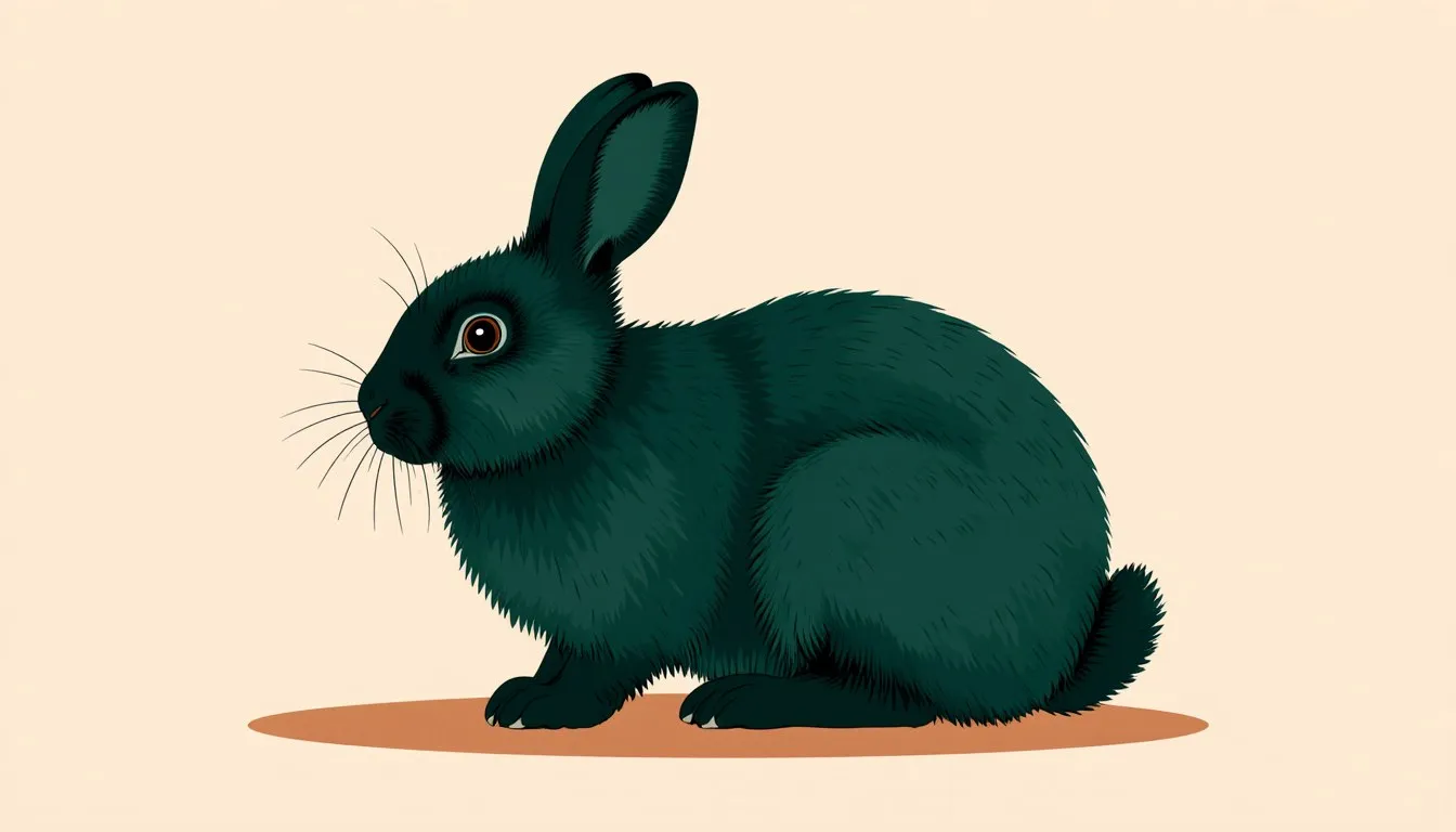 Illustration of a Rex rabbit with dense, velvety fur and upright ears, calmly seated