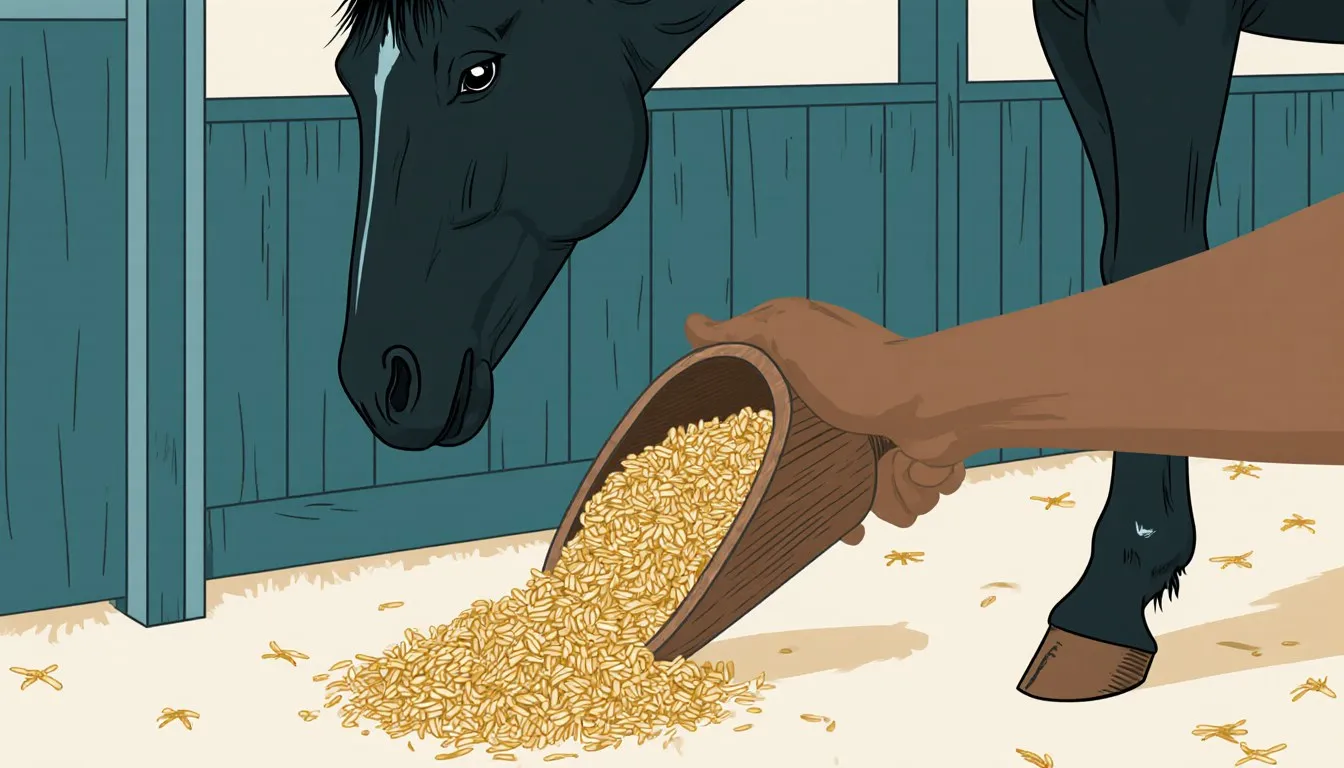 A horse lowering its muzzle to a wooden scoop heaped with golden rice bran in a stable