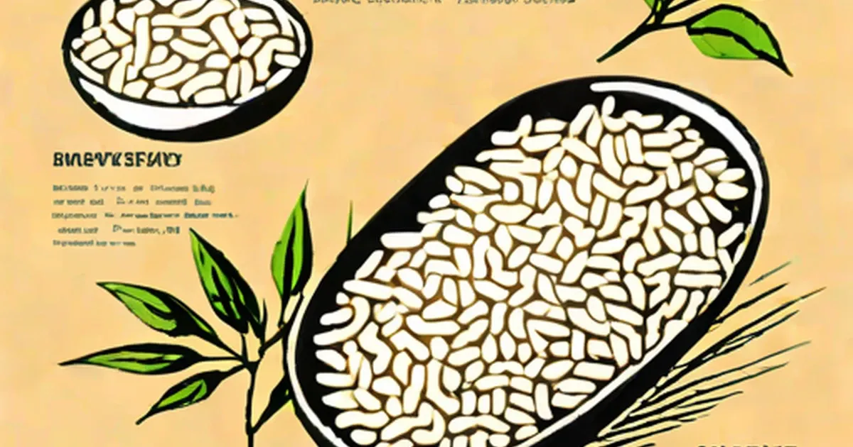 Bowls of white rice with green rice plant sprigs on warm yellow background